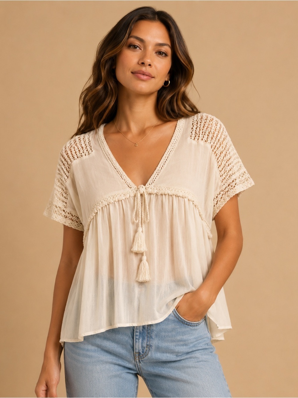 Miss Me Cotton Crotchet Lace Cream Short Sleeve Tunic Cardigan Top